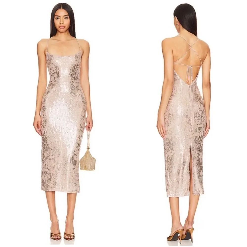 NEW NBD Jobelle Sequin Midi Dress in Taupe